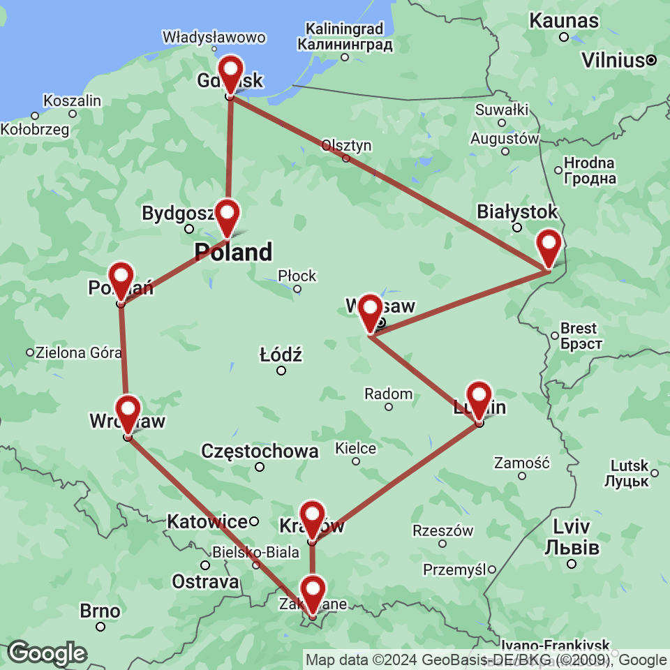 Route for Warsaw, Bialowieza, Gdansk, Torun, Poznan, Wroclaw, Zakopane, Krakow, Lublin, Warsaw tour